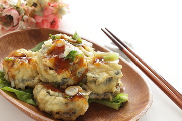 Chinese food, deep fried eggplant and mince pork sandwich