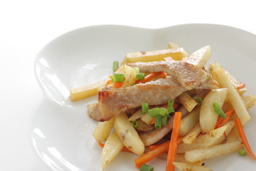 Pork neck meat and potato stir fried for asian food