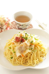 Chinese food, jiozi dumpling and noodles with chili sauce 