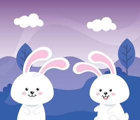 cute rabbits animals in landscape nature vector illustration design