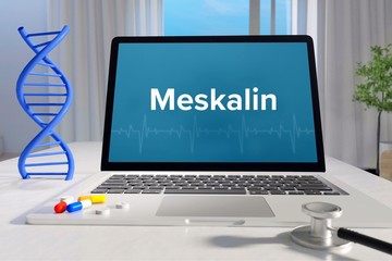 Meskalin – Medizin, Gesundheit. Computer im Büro mit Begriff auf dem Bildschirm. Arzt, Krankheit, Gesundheitswesen - obrazy, fototapety, plakaty