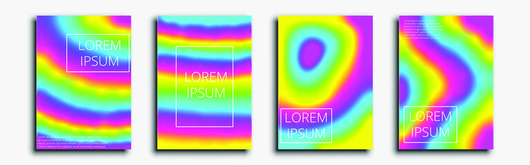 Minimalistic covers design. Set of four flyers. Colorful abstraction bright gradient (cyan, yellow and magenta). This abstraction can be used for invitations, posters and flyers. Vector illustration.