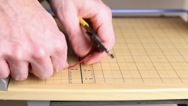 Cutting and stripping a piece of wire with wire strippers.