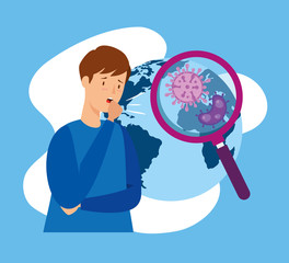 man with covid 19 disease and icons vector illustration design