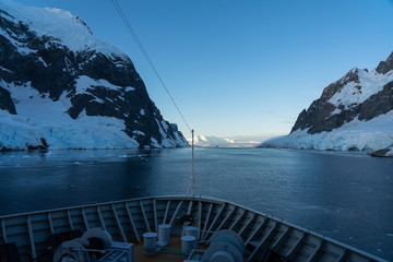 Ship bow in the Lemaire Channel in Antarctica