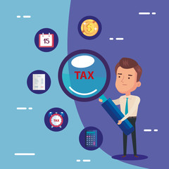 tax day poster with businessman and set icons vector illustration design
