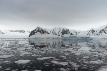 Fototapeta na wymiar Brash Ice and landscape in Charlotte Bay, Antarctica