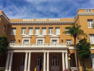 Naklejka premium Puerto Rico - Abr 2017 San Juan, Puerto Rico's capital, third oldest European capital city in the Americas, tourism attraction with several historical buildings and different architecture styles