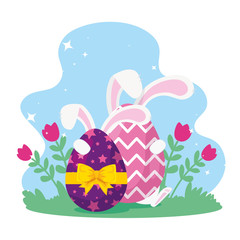 eggs easter decorated with ears rabbit vector illustration design
