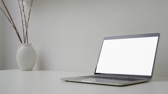 Cropped shot of minimal workspace with open blank screen laptop, vase and copy space