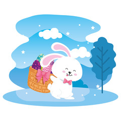 Obraz na płótnie Canvas eggs easter in basket wicker with bunny and landscape vector illustration design