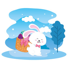 eggs easter in basket wicker with bunny and landscape vector illustration design