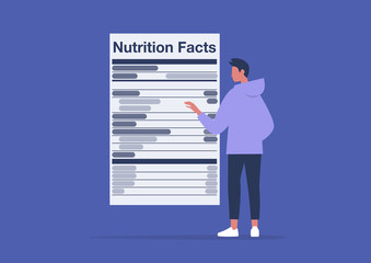 Nutrition facts, added sugar, healthy lifestyle, balance of ingredients in daily ration, young male character reading a product label