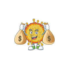 Happy rich outbreaks coronavirus mascot design carries money bags