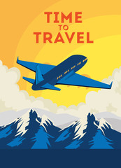 travel poster with airplane flying vector illustration design