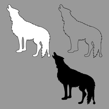 Black and white silhouette with the outline of a howling wolf.