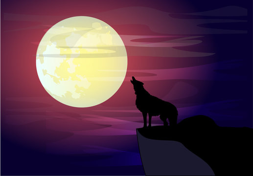 A howling wolf against the backdrop of a large moon on a ledge of a rock.