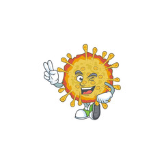 A joyful outbreaks coronavirus mascot design showing his two fingers