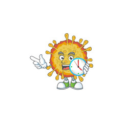 cartoon character style of cheerful outbreaks coronavirus with clock