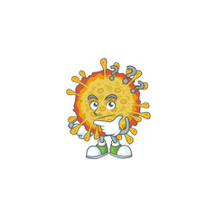 Cute outbreaks coronavirus cartoon character using a microphone