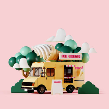 Creative background for summer fest , street food and small business concept. Yellow ice cream truck with garden on pink background. 3d rendering illustration.