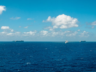 Fototapeta premium Bimini, Bahamas - March 19, 2020: cruise ships on quarantine at the ocean at sunny weather