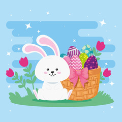Fototapeta premium rabbit with eggs easter in basket wicker and decoration vector illustration design