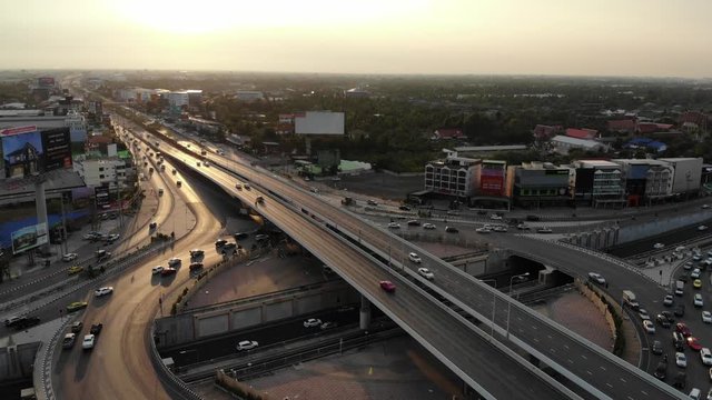 Aerial view city transport junction croos road with car movement day time