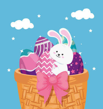 cute eggs easter with rabbit in basket wicker vector illustration design