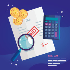 tax day poster with calculator and icons vector illustration design