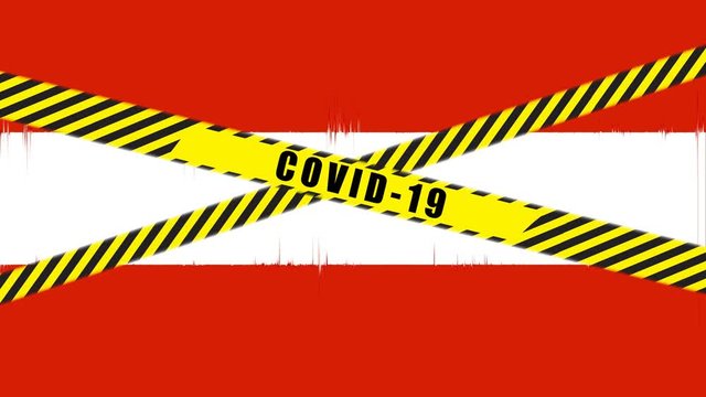 COVID-19 warning tape, Black and Yellow ribbon on AUSTRIA FLAG animation, Coronavirus danger area, Austrian containment, covid quarantined country