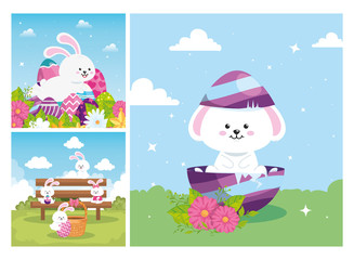 set scenes of happy easter with decoration vector illustration design