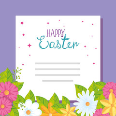 happy easter card with flower and leafs decoration vector illustration design