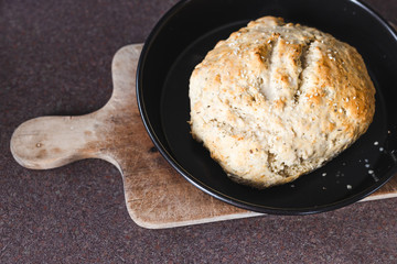 healthy homemade food,  rustic homemade herbs and sesame bread just out of the oven