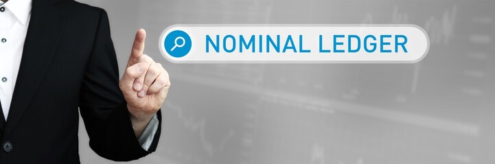 Nominal Ledger. Man in a suit points a finger at a search box. The word Nominal Ledger is in the search. Symbol for business, finance, statistics, analysis, economy