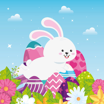 rabbit jumping with eggs easter decorated and flowers vector illustration design