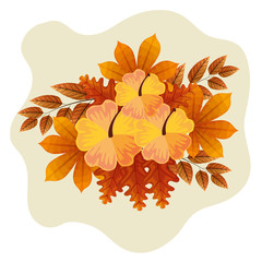 cute flowers with branches and autumn leafs naturals vector illustration design