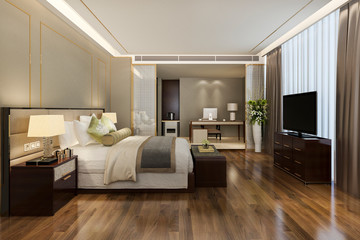 3d rendering beautiful luxury bedroom suite in hotel with tv and working table