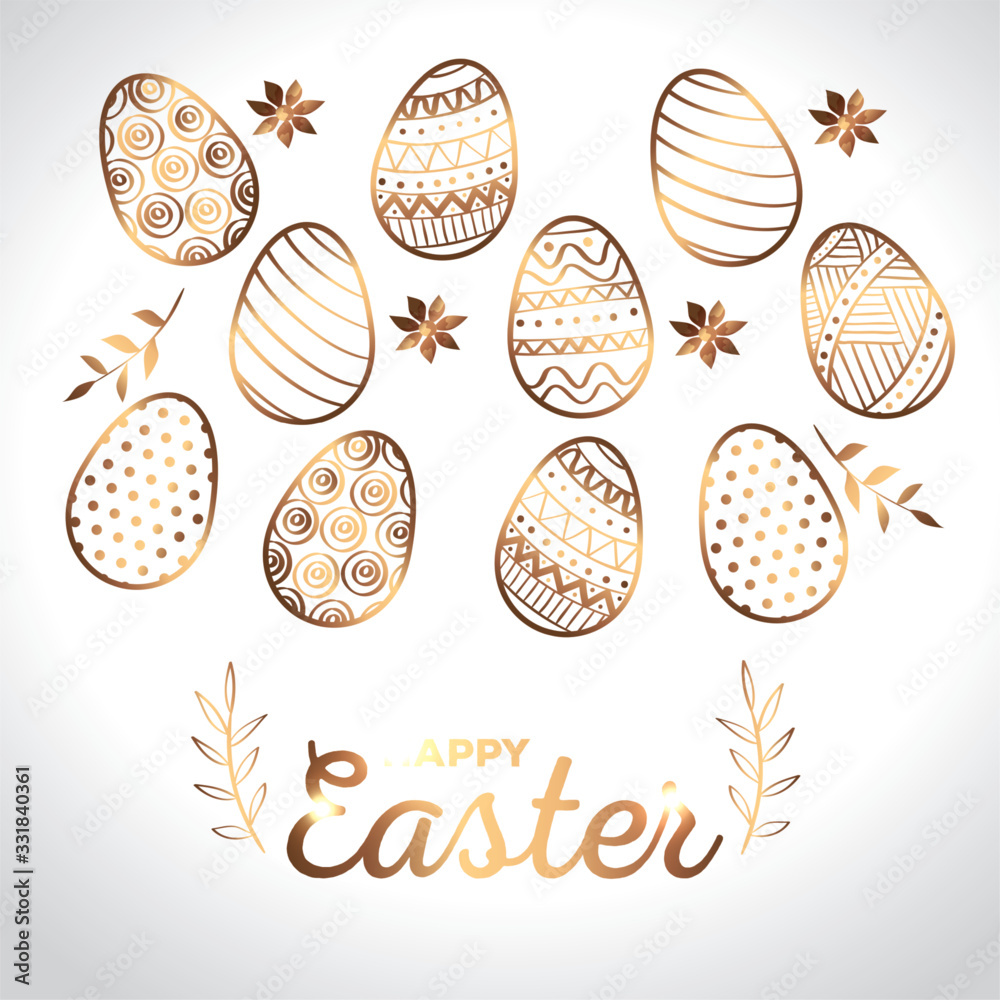 Wall mural happy easter card golden with eggs decorated and flowers vector illustration design