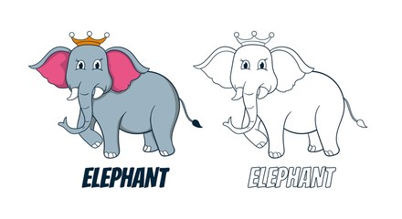 little elephant with crown, coloring book design vector isolated object
