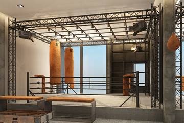 Boxing ring Boxing gym with equipment training in loft style and carpet floor 3d rendering