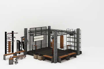 Boxing ring Boxing gym with equipment training in loft style and carpet floor 3d rendering