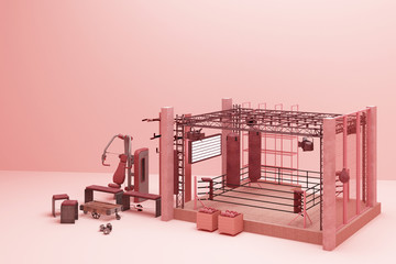 Boxing ring Boxing gym with equipment training in loft style and carpet floor 3d rendering