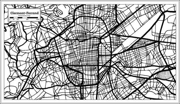 Clermont-Ferrand France City Map in Black and White Color in Retro Style. Outline Map.
