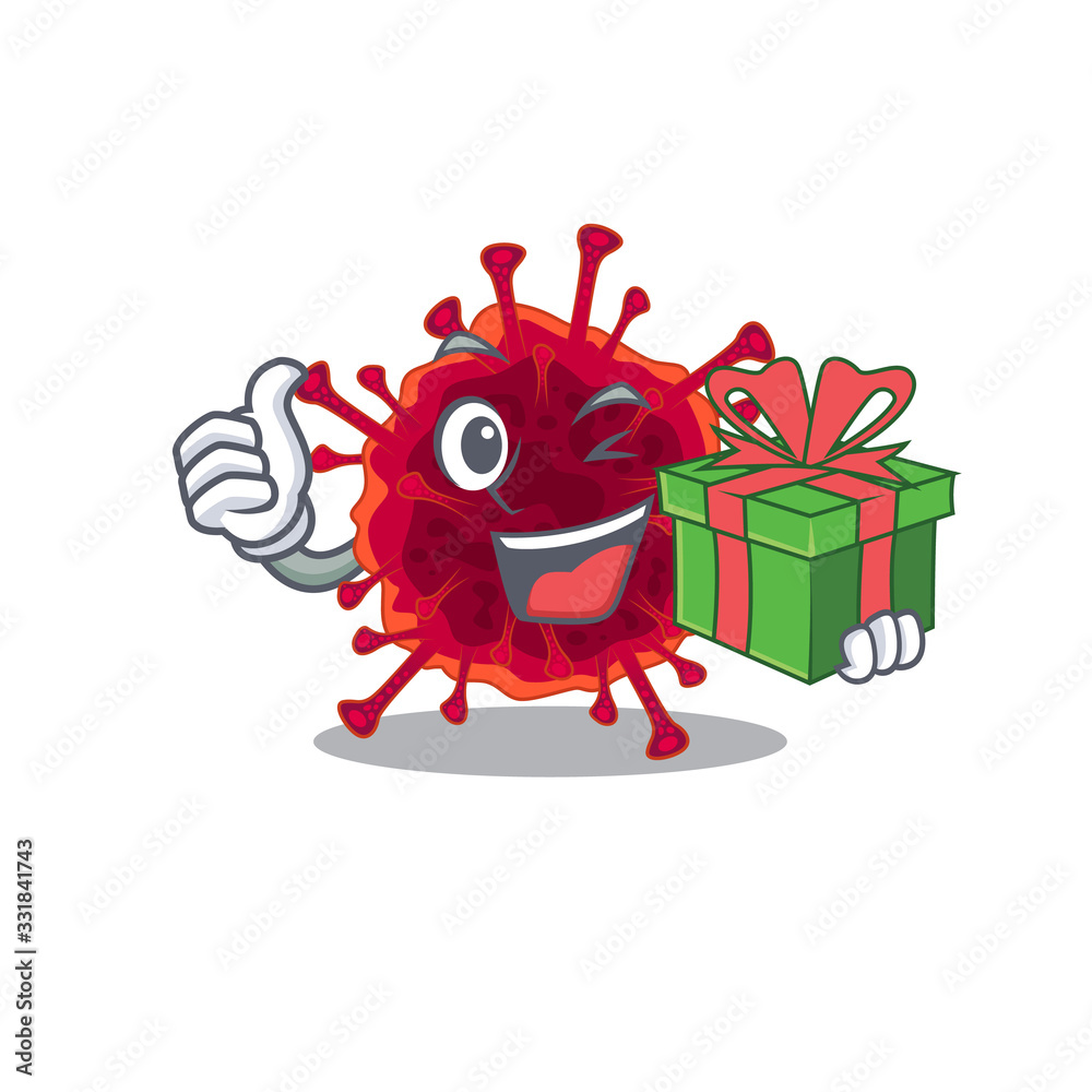 Sticker Smiley pedacovirus cartoon character having a gift box