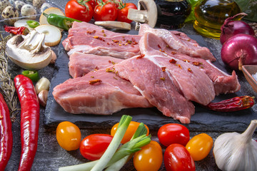 Pork cuts for steaks, fresh vegetables, spices close-up on a textured background