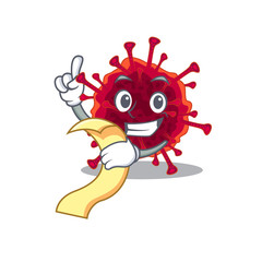 cartoon character of pedacovirus holding menu ready to serve