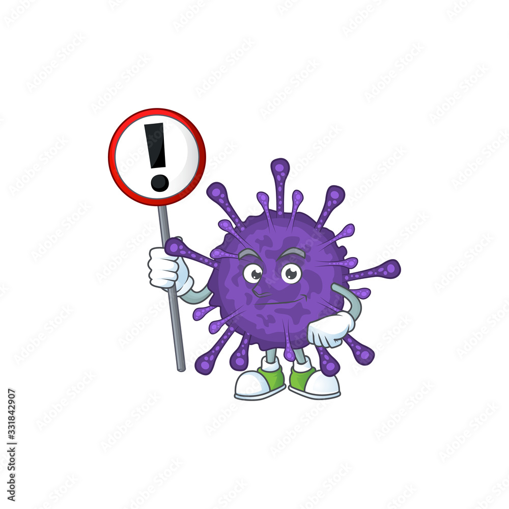 Sticker smiling cartoon design of coronavirinae with a sign