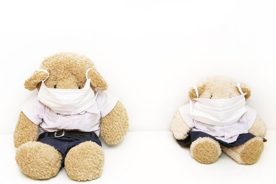 two doll bears. man and woman wear surgical mask for social distance away from pandemic corona virus or covid-19 during quarantine period. Health and medicine concept