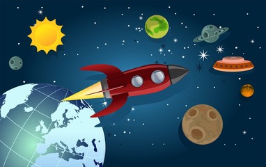 Space theme flat vector composition, rocket, planets, galaxy, stars